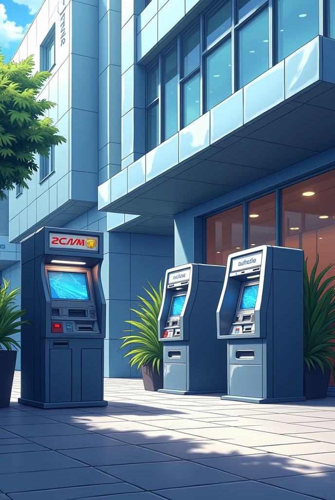 anime style art, ATMs outside a bank with no people 