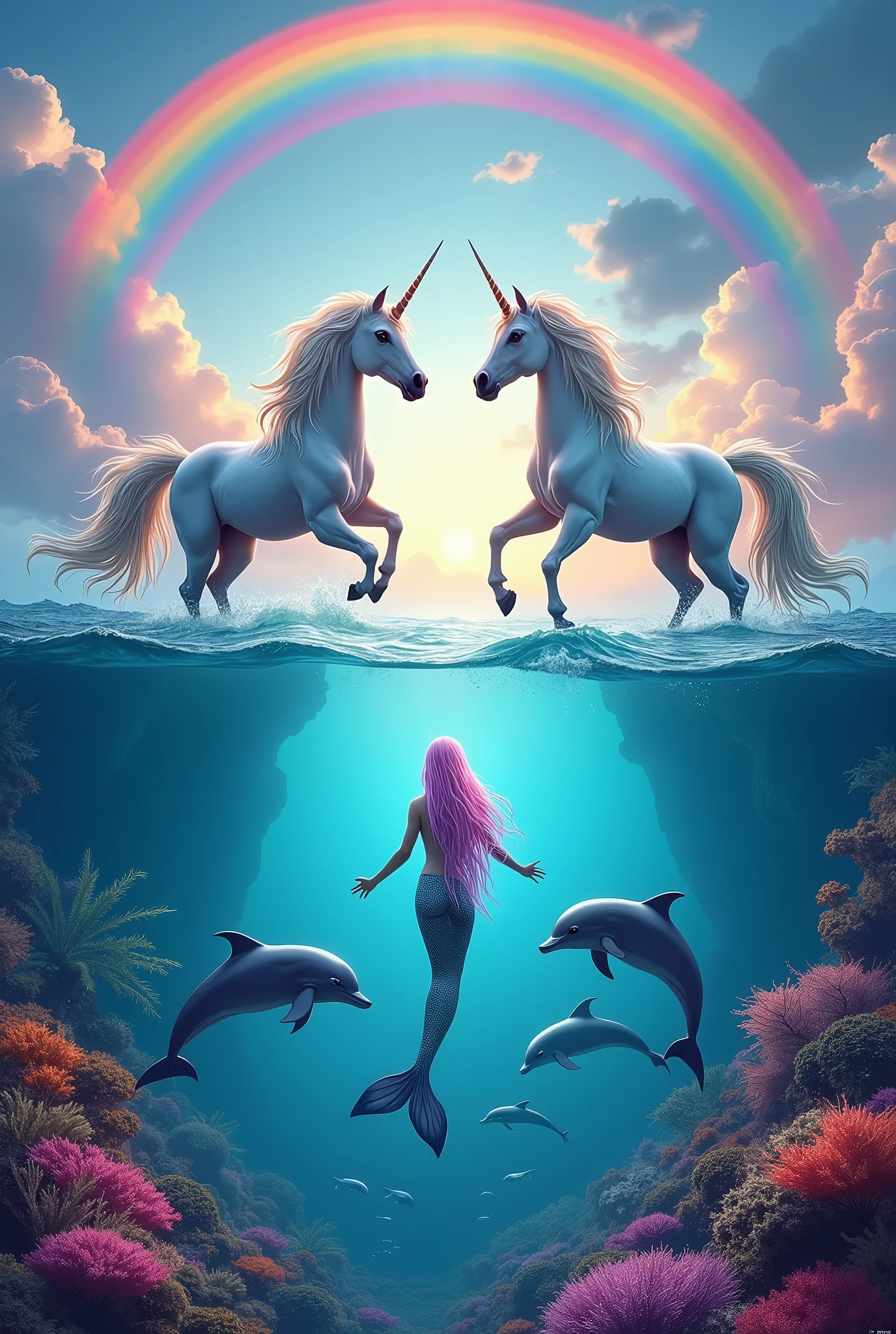 From the top of the image: (1 lush unicorn looking left and 1 lush unicorn looking right);
En el centro de la imagen: (a beautiful mermaid with colorful hair);
Na parte inferior da imagem: (3 dolphins jumping over beautiful corals);
(beautiful rainbow in the sky of the picture);