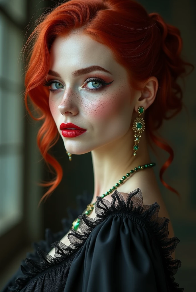 A very beautiful toreador vampire with extremely red hair, she has one blue eye and one green eye, she also has freckles, She has noble origins and is very fond of jewelry and always wears high heels., your high heel is elegant and chic, at the moment she is wearing modern 21st century clothes