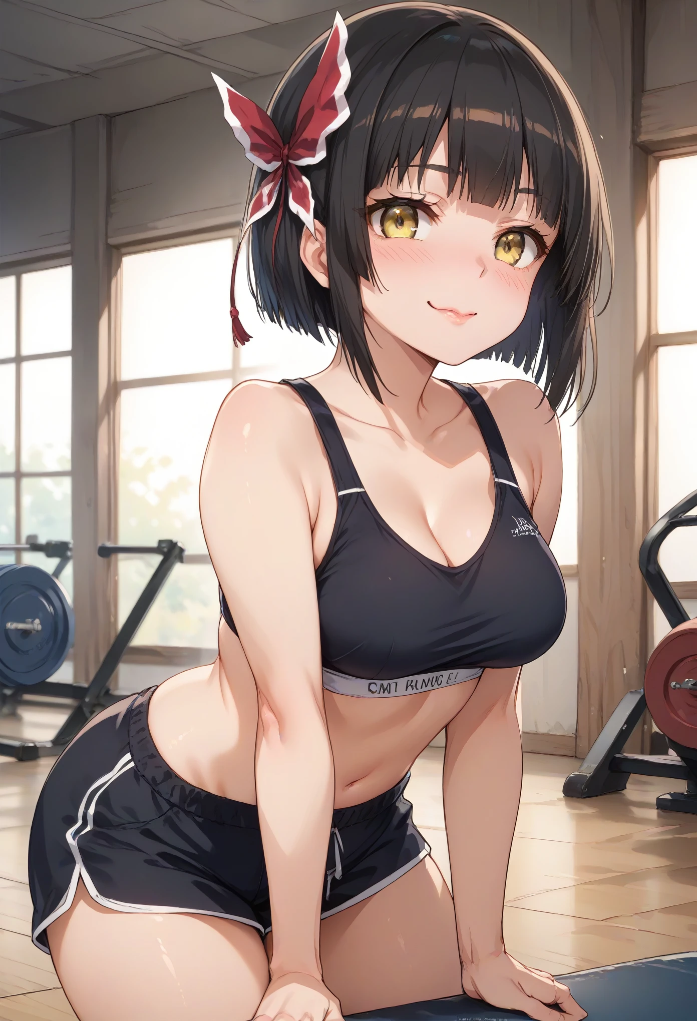 TSUKIMIO,YELLOW EYES, BLACK HAIR, sport bra, shorts, on the gym, seductive smile, ear blush, full blush, naughty
