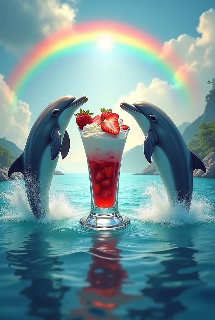 Dolphins jumping over the water to eat a glass of strawberries with cream on top of the water but the landscape and a RAINBOW come out