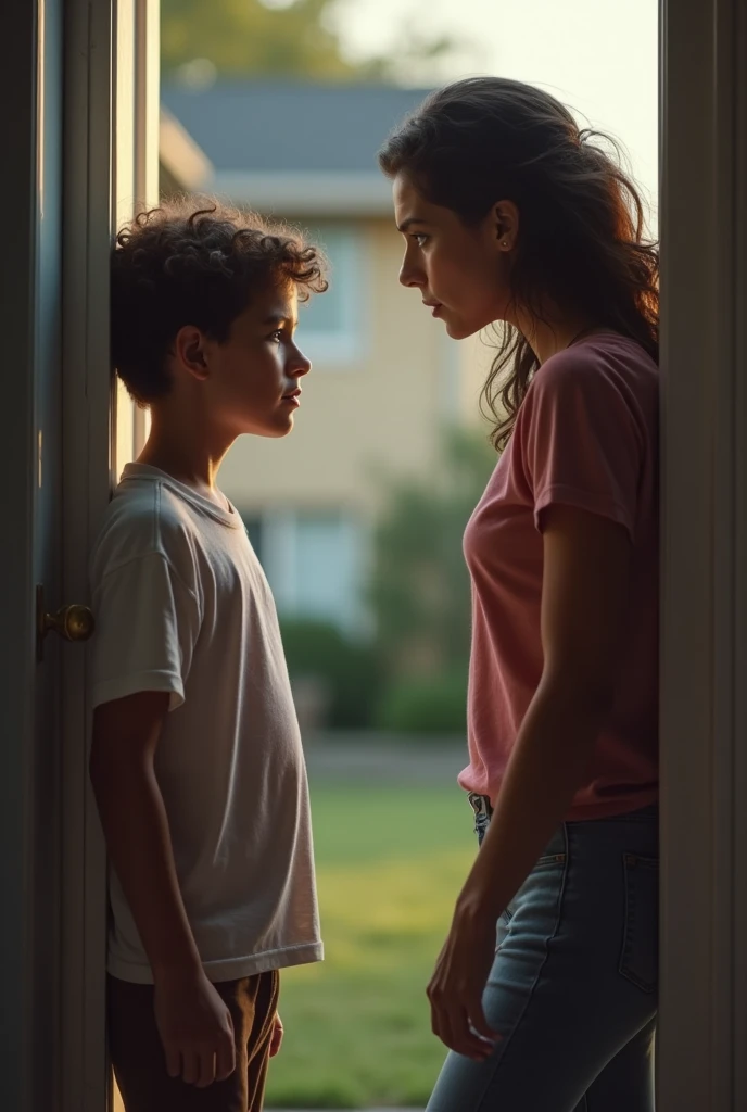 An angry mother at the door of the house and a sad  in front of her (cheered up)
