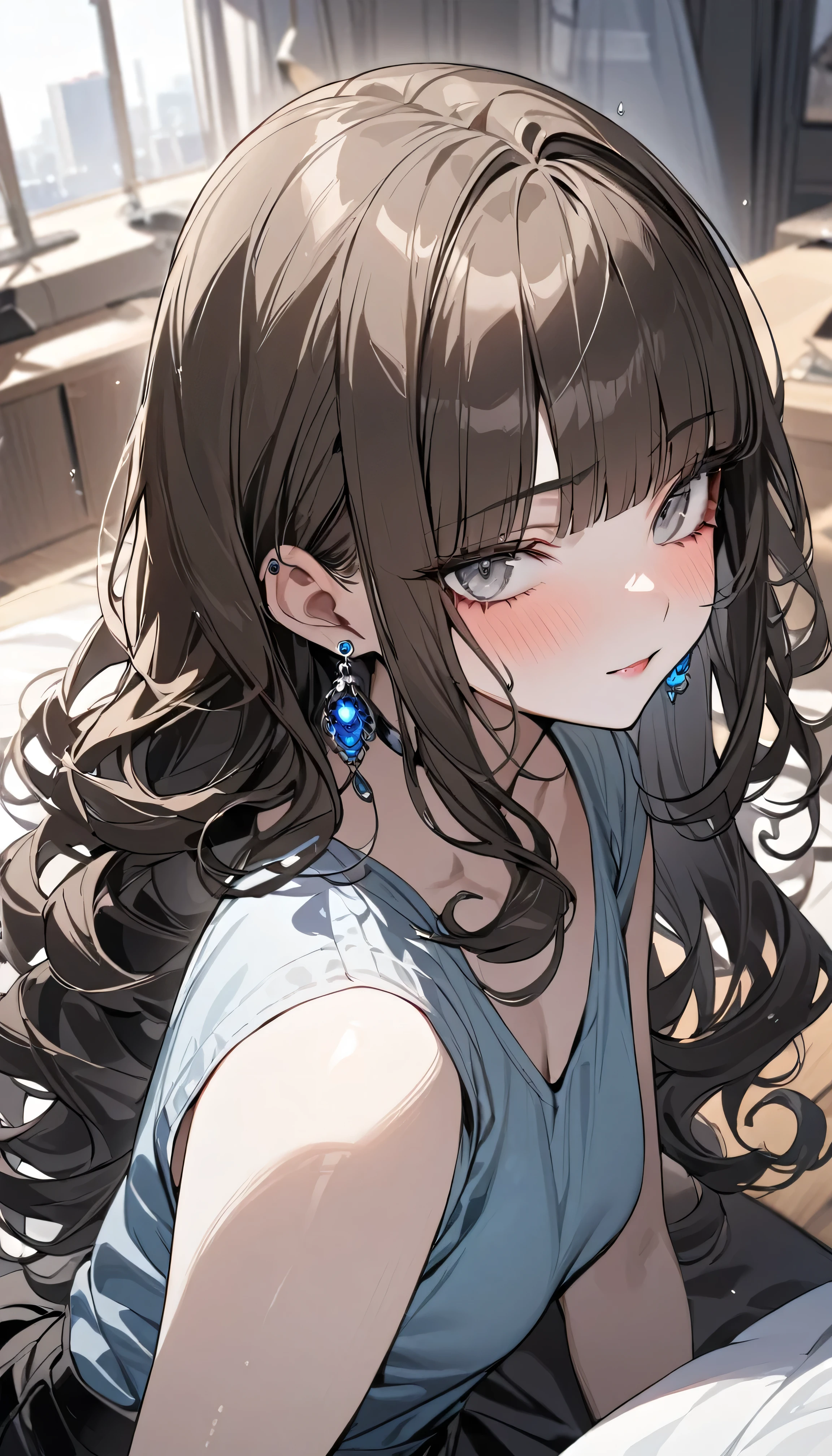 masterpiece, Highest quality, Pixiv, Cool girl, there are a lot of earrings, Earrings, Dark brown hair, Curly Hair, Blunt bangs, Straight bangs, Grey Eyes, Pale skin, Gal, Improve