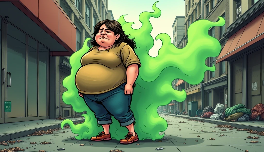 beautiful obese young homeless woman with worn out clothes farting and releasing olive green stink fumes out of her behind, comic book artstyle