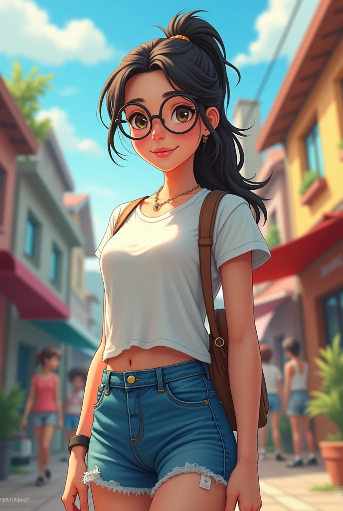 A town young big girl wearing specs and tied hair in a ponytail wearing white tshirt and blue mini skirt. driven by her love of science and the thrill of discovering something new.