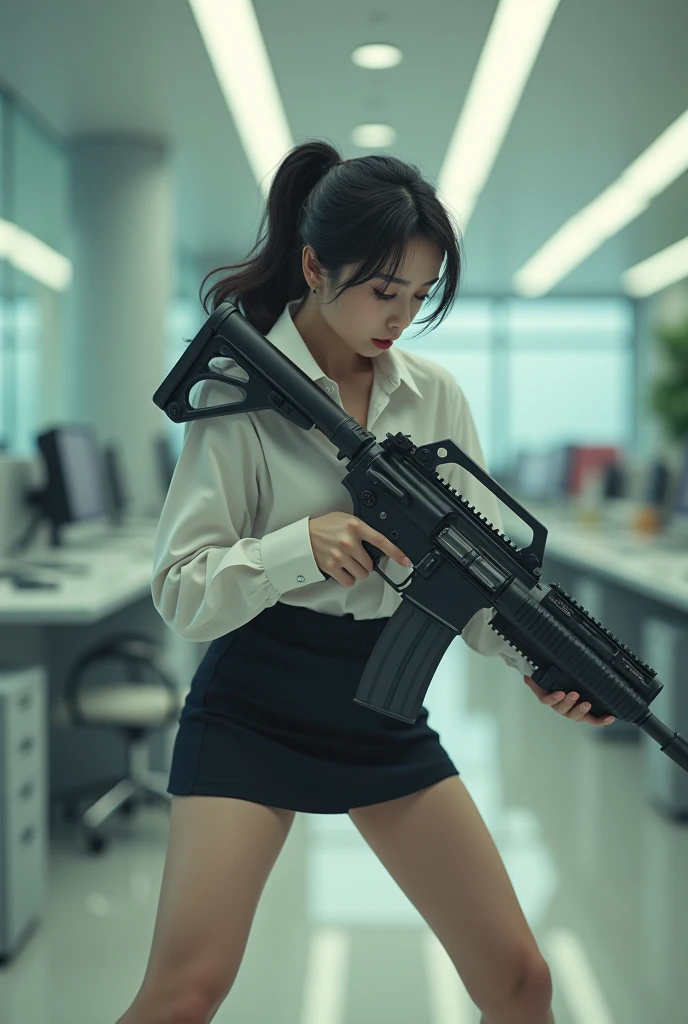 beautiful chinese office lady mini skirt white shirt realistic long machine gun toting real person legs spread apart standing rampage shooting side target facing