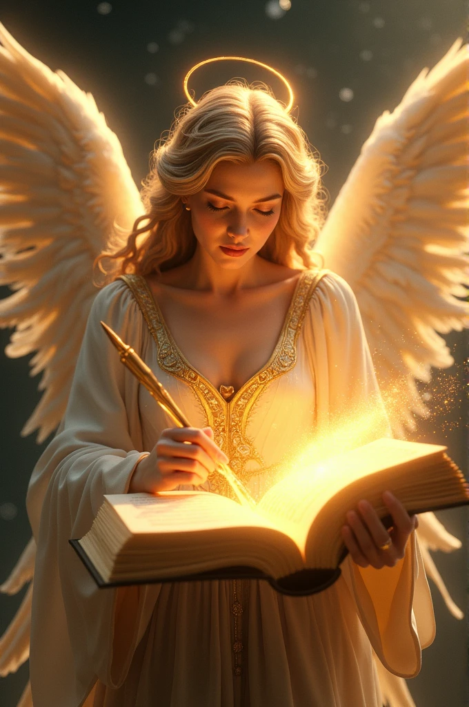 Generate images of an angel writing in a large glowing gold colour book