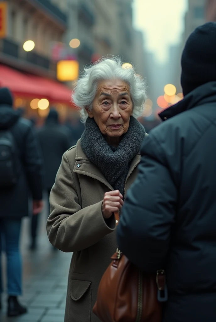 A freeze-frame style shot capturing the exact moment John decides to act. The image shows the elderly woman looking forward, unaware, while the pickpocket’s hand is still in her bag. The scene is filled with motion blur around the edges, indicating the fast-paced environment of the city.