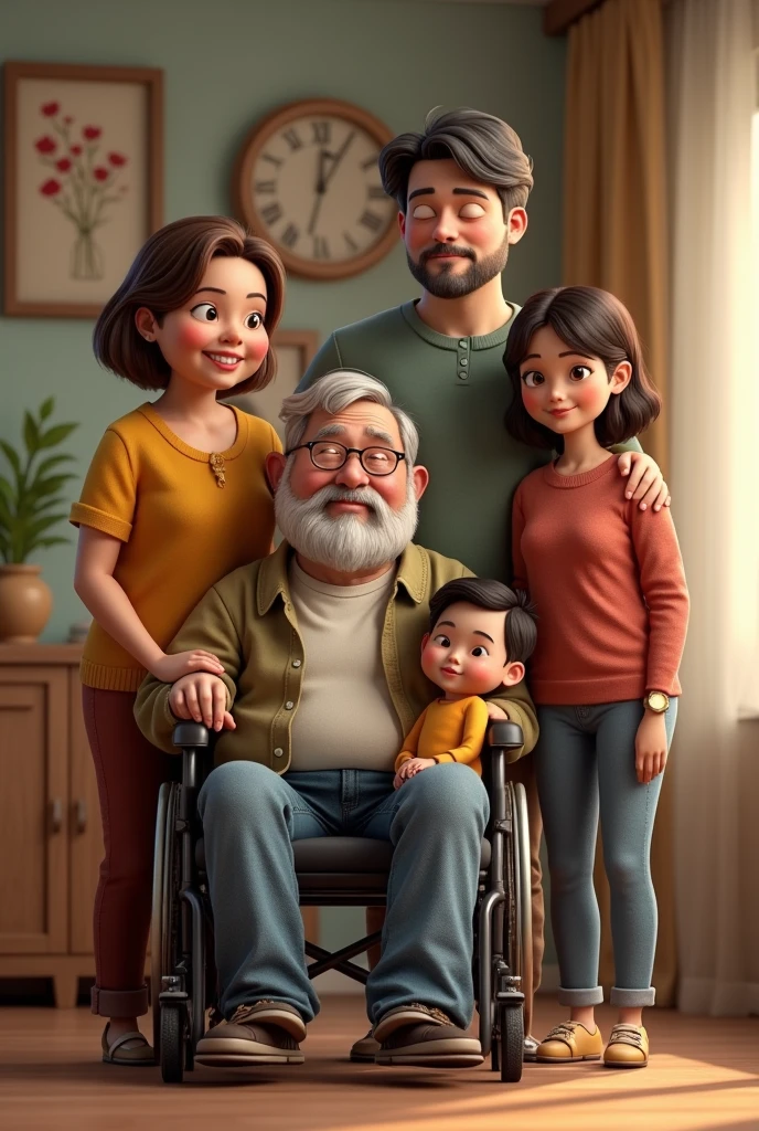 You can create a 3D image of a family consisting of :a 60-year-old woman of 1,50m tall with short brown hair, a 60 year old man in a wheelchair with black hair and no beard, A 35-year-old man with slight overweight, white skin and black hair of 1,75m tall without a beard, A 35-year-old man, 170 cm tall, white skin and black hair, no beard, a 2 woman, thin, white skin, brown hair with blonde streaks, A 3 woman with tan skin and black hair standing next to a  girl with tan skin and dark hair ?

There are 3 women in total. , 3 men and a girl 