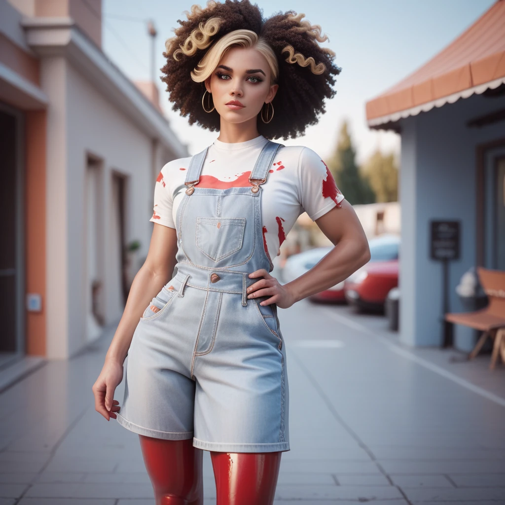 BLONDE WOMAN STANDING FRONT MUSCULAR SENSUAL YELLOW BLONDE HAIR RIPPED PUNK SHIRT RED LATEX OVERALLS ,Create a COLORFULL-clothed female anime character in a bot model