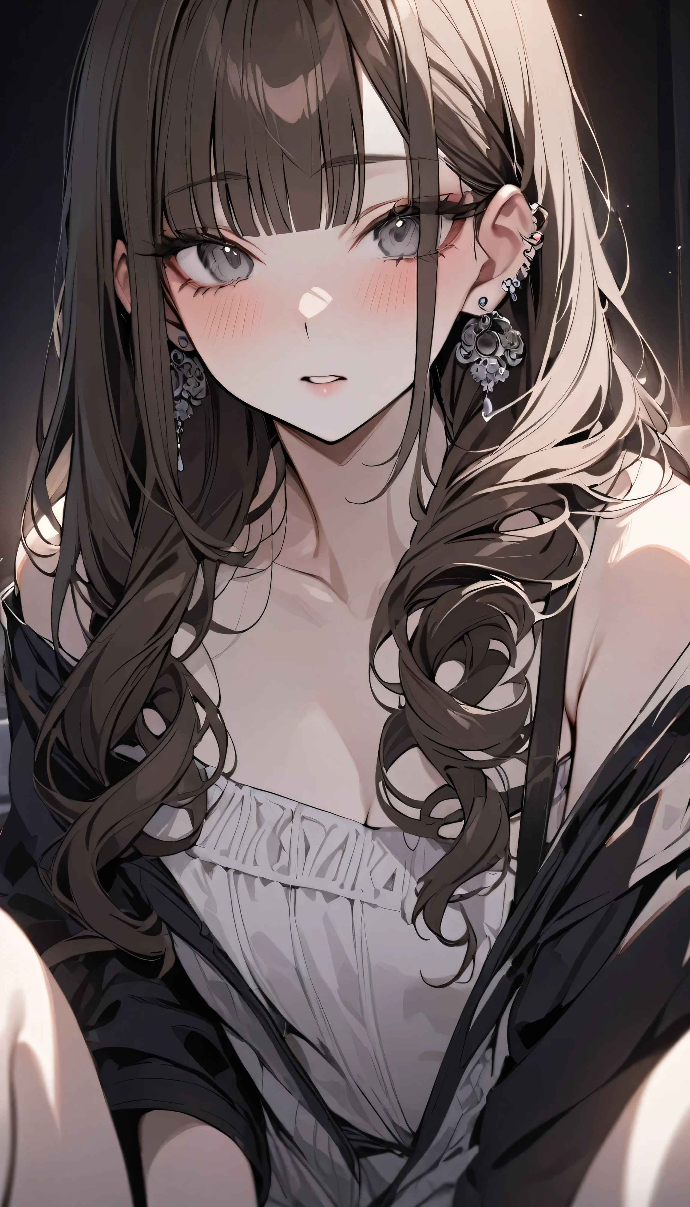 masterpiece, Highest quality, Pixiv, Cool girl, there are a lot of earrings, Earrings, Dark brown hair, Curly Hair, Blunt bangs, Straight bangs, Grey Eyes, Pale skin, Gal, Improve