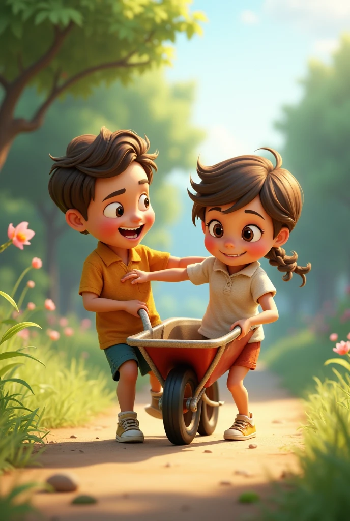A boy holds his partner's legs, who walks with his hands on the ground like a wheelbarrow. The holding the legs pushes forward.