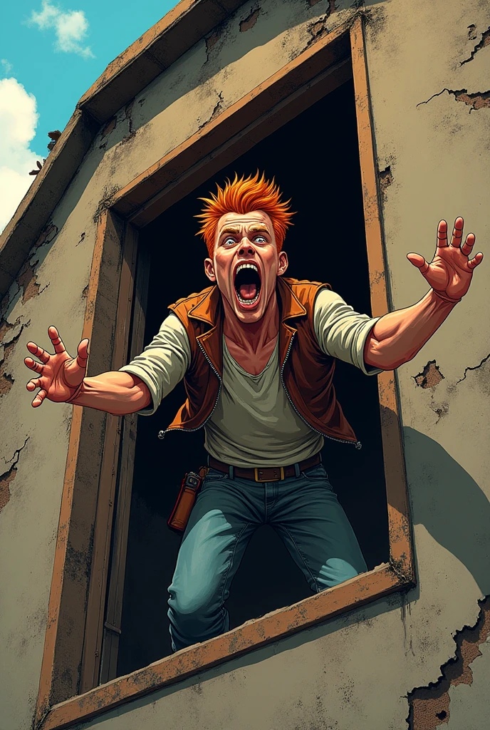 Borderlands style art of a tall ginger man yelling out of a window saying thank you