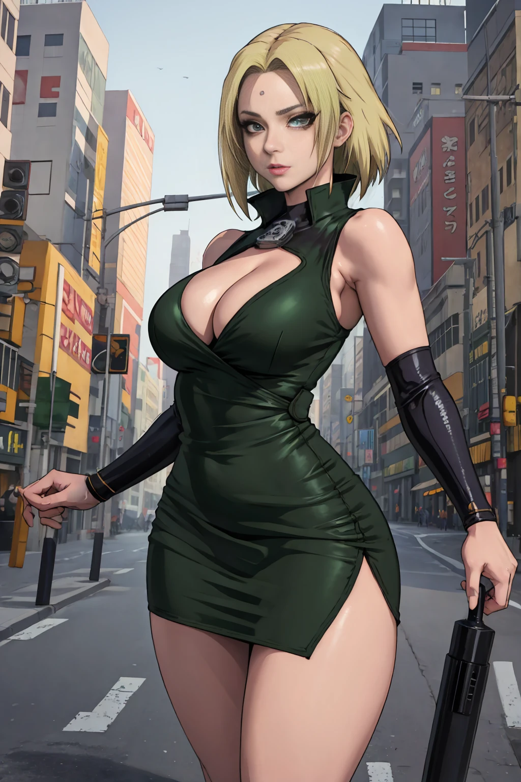 anime woman wearing dark green mini dress,((wrap dress)),(v shaped cleavage),(sleeveless),thigh exposed,tsunade from naruto,(hourglass body),(large breasts),(slender legs)seductive expression,dynamic pose,in city street,daytime,BREAK,((masterpiece,best quality,hyper detailed),realistic anime 3 d style,beautiful,8k wallpaper,refined details,high-quality rendering,profesional photograph,profesional lighting,soft and warm anime,detailed eyes,perfect face,perfect anatomy
