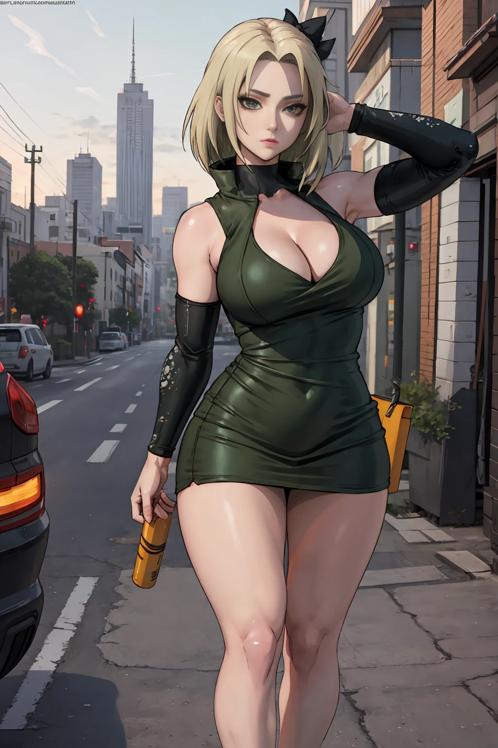 anime woman wearing dark green mini dress,((wrap dress)),(v shaped cleavage),(sleeveless),thigh exposed,tsunade from naruto,(hourglass body),(large breasts),(slender legs)seductive expression,dynamic pose,in city street,daytime,BREAK,((masterpiece,best quality,hyper detailed),realistic anime 3 d style,beautiful,8k wallpaper,refined details,high-quality rendering,profesional photograph,profesional lighting,soft and warm anime,detailed eyes,perfect face,perfect anatomy