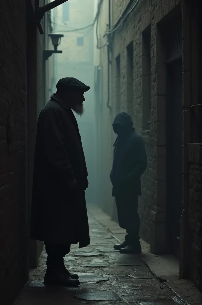 A tall beggar talking to his shadow in a dark alley
