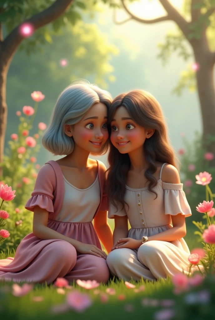 A 3D photo with digital of mother 50 years old with mid long grey hair and daughter 30 years old with long brown hair, sitting on ethereal garden, close each to other