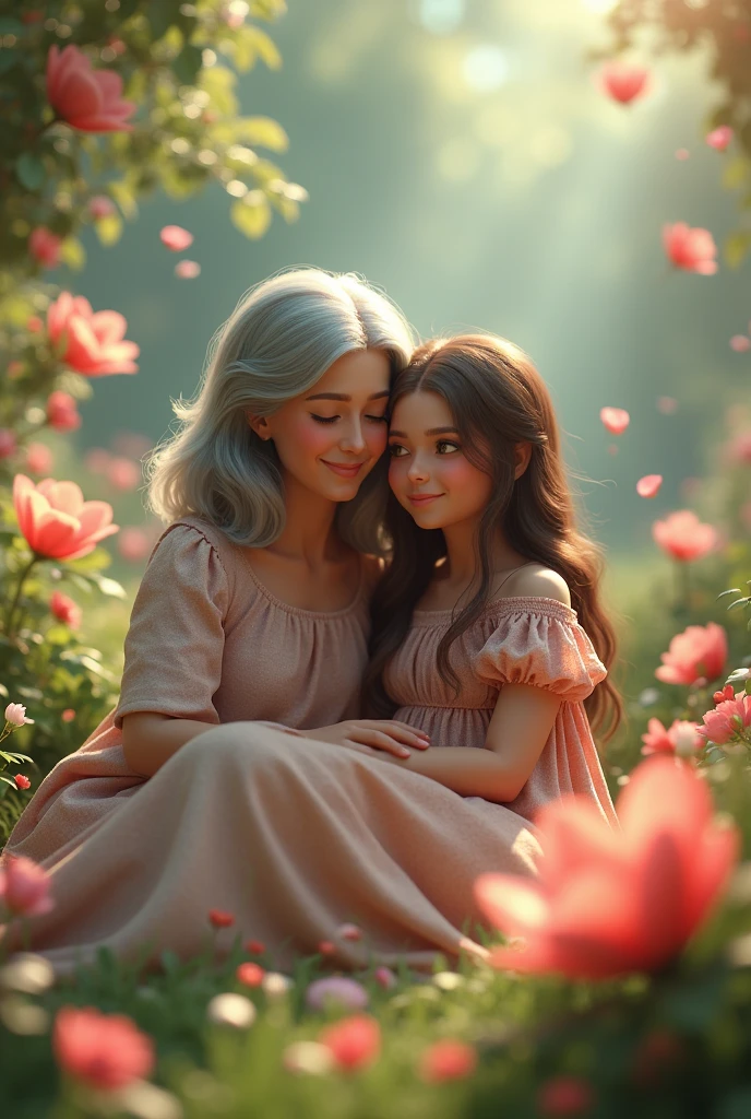 A 3D photo with digital of mother 50 years old with mid long grey hair and daughter 30 years old with long brown hair, sitting on ethereal garden, close each to other