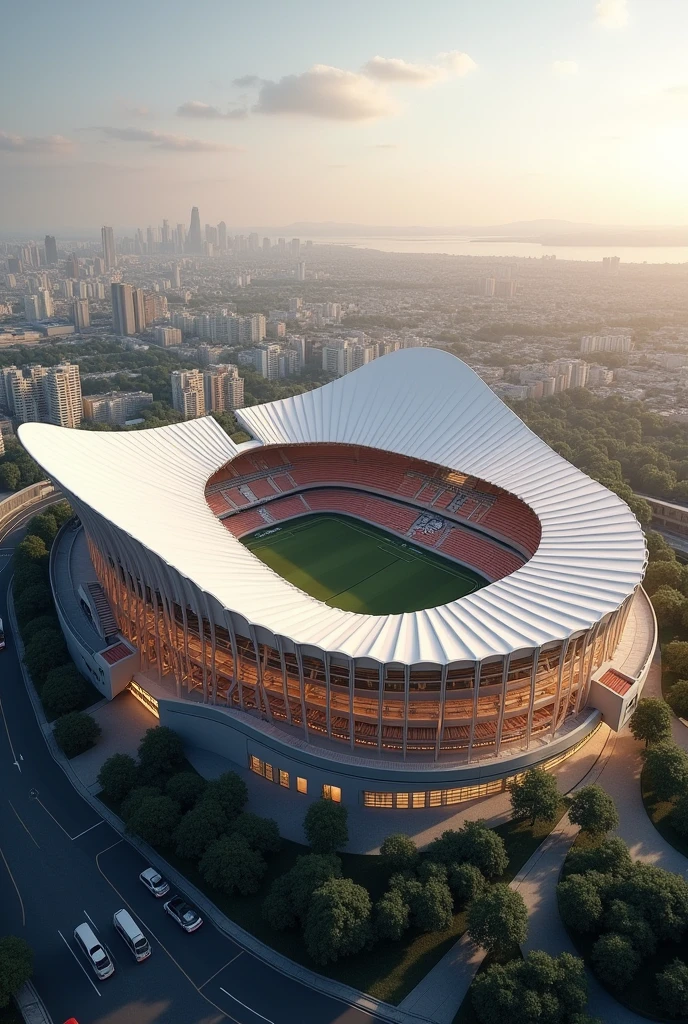 Visualize a stadium with a unique design that simulates the elegance of a monarch butterfly, but with only one wing spread out to one side, extending to form a huge grandstand. The structure suggests a butterfly lying down, with fluid and curved lines that evoke its shape, while the other wing appears to be at rest or hidden behind the stadium. Antennas become lighting towers, and the architectural design maintains a sophisticated palette of neutral and metallic tones, bringing a modern and elegant touch. Wider, broader and more creative