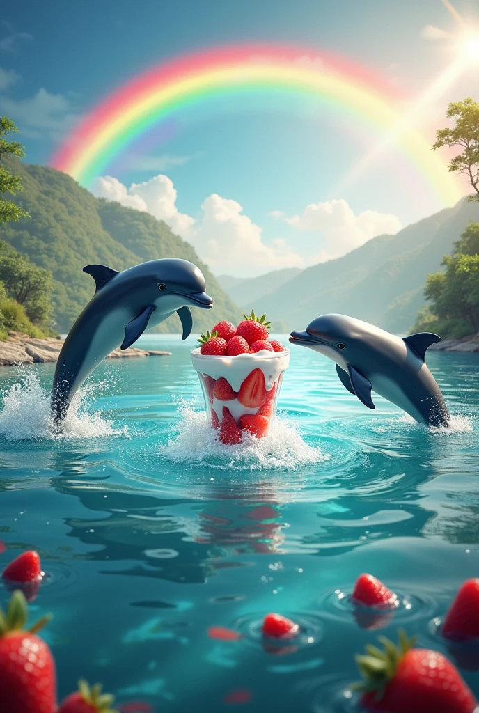 Dolphins jumping over the water to eat a glass of strawberries with cream on top of the water but the landscape and a RAINBOW come out
