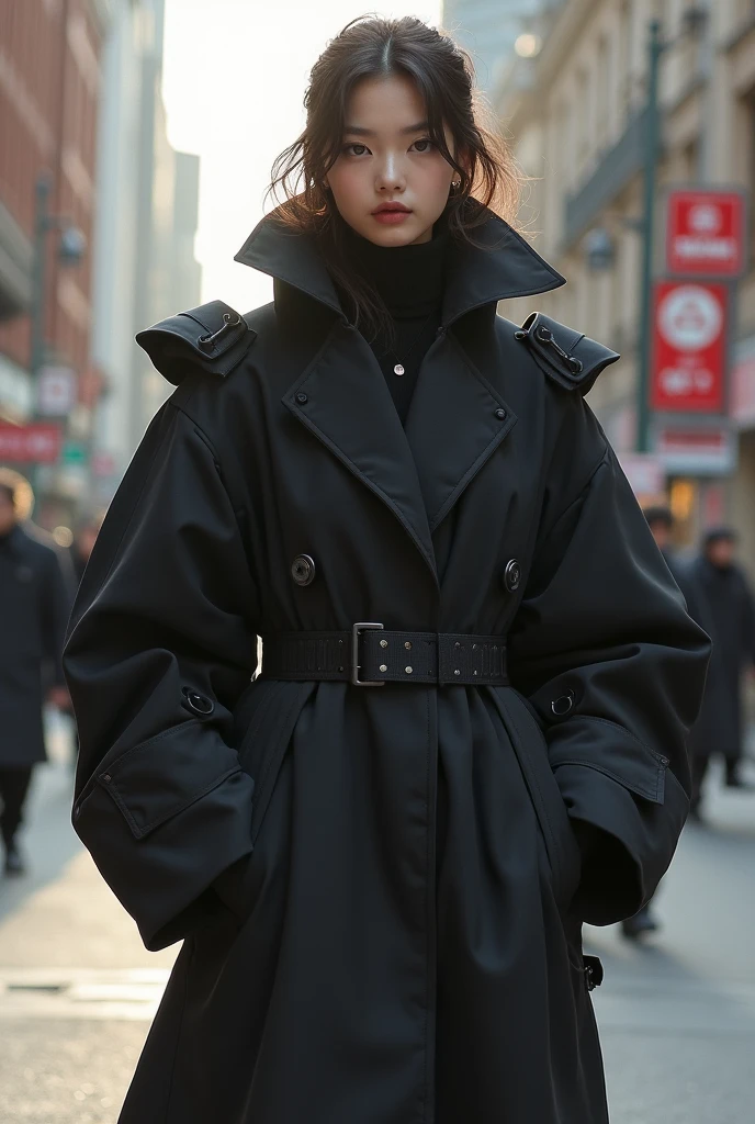 coat with wide shoulders worn by girl with small to average women shoulders