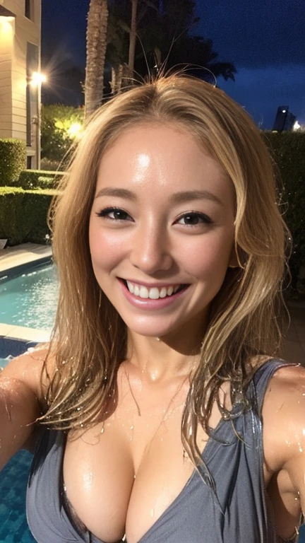 Blonde、head shot、Smiling with teeth showing、Beautiful breasts、Sexy Body、Black Bikini、stand in front of the pool、Penthouse at night、Shot from above、Soaking wet、 (Wet Hair、Wet Face、Wet Skin、Wet clothes:1.4)、Wet, Wet, Wet, Wet, 