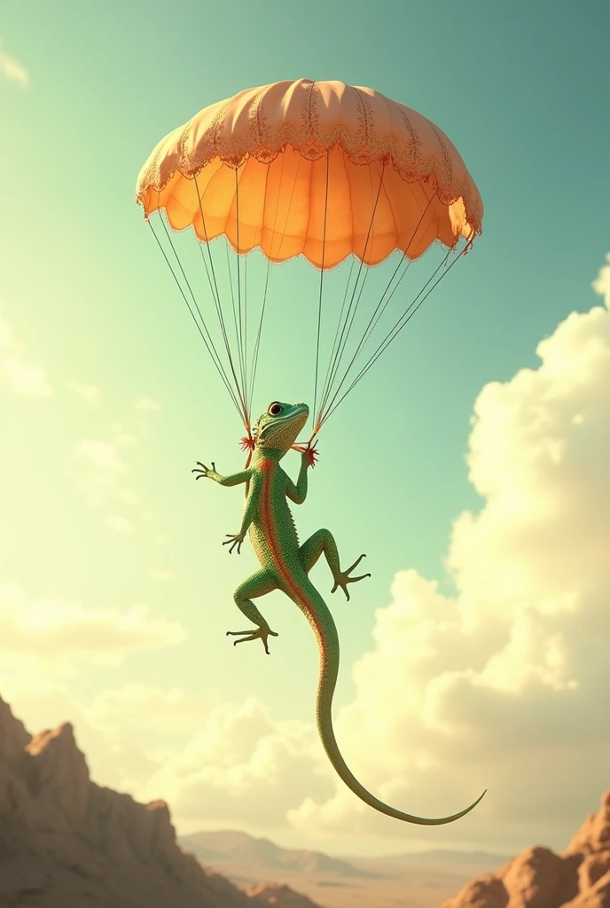 lizard falling from the sky using a parachute