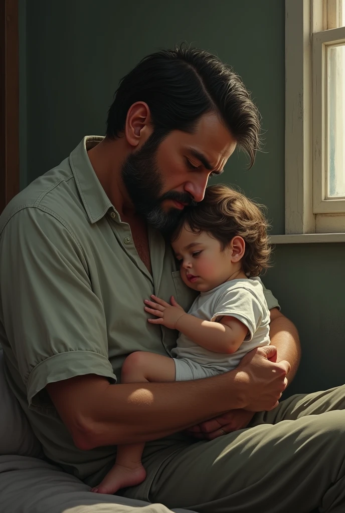 Father with a sick child on his lap