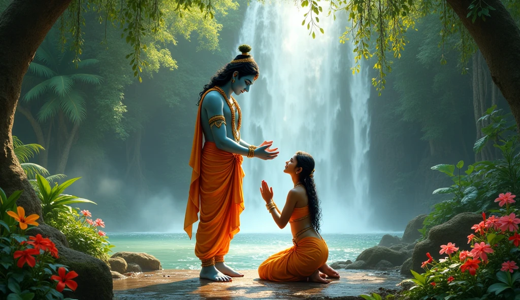 Sri krishanan blessing a kerala girl, background forest watter fall and flowers
