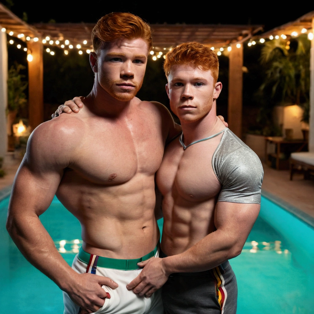 there are two men standing next to each other near a pool, canelo alvarez muscular y adolescente gay muy delgado afeminado entwined en tanfa los dos, entwined together, adolescente se aprovecha de canelo alvarez, manoseandolo, nspired by Tim and Greg Hildebrandt, brunette boy and redhead boy,  beefcake pose, 