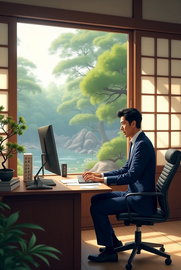 Make a image with japanese background and a man working in office room