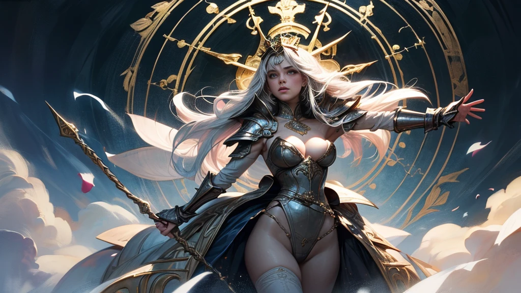 8K resolution, masterpiece, Highest quality, Award-winning works, unrealistic, sole sexy lady, healthy shaped body, 2, white wavy long hair, hair band, big firm bouncing bust, ancient roman military commander's armor, Pure white armor with a complex structure, royal coat of arms, excalibur, elegant, Very detailed, Digital Painting, Smooth, Sharp focus, shape, Greg Rutkowski, Alphonse Mucha, William Adolphe Bouguereau, art Stephanie Law, Magnificent royal background, Royal Jewel, nature, Full Shot, Symmetric, Greg Rutkowski, Charlie Bowwater, beep, Unreal 5, Surreal, Dynamic Lighting, Complex colors, Colorful magic circle, flash, dynamic sexy poses