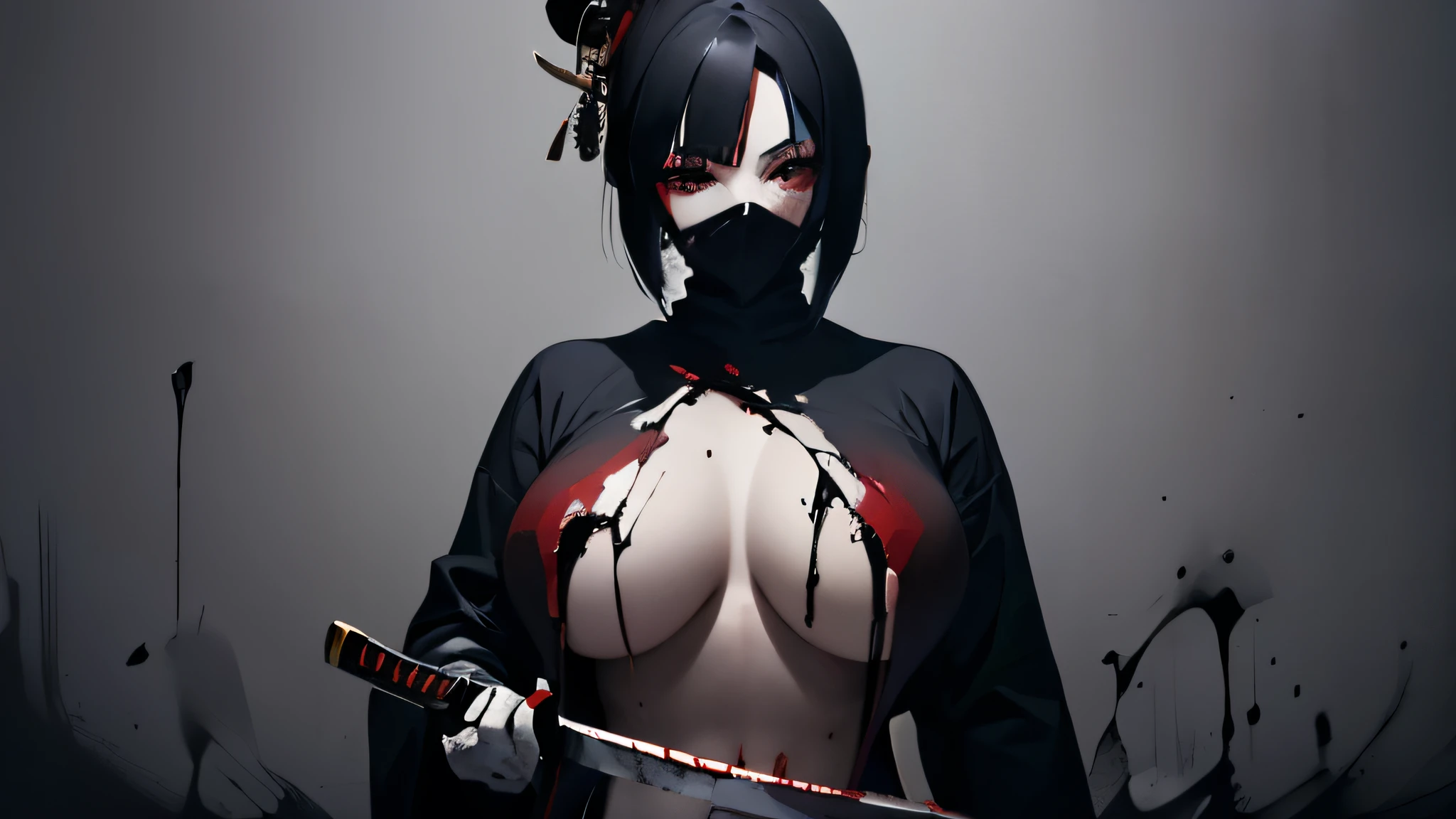 simple background, monochrome, horror (theme) there is a broken picture, black paint splatted, red blood splatted, smoked, red blood (((anime girl character))), big boobies, wearing a mask, (((she is holding a bloody samurai sword)))
