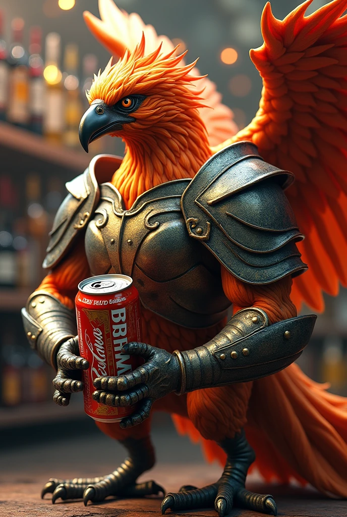 a tall phoenix with armor, with a can of brahma beer in his grip, flying, in a liquor store