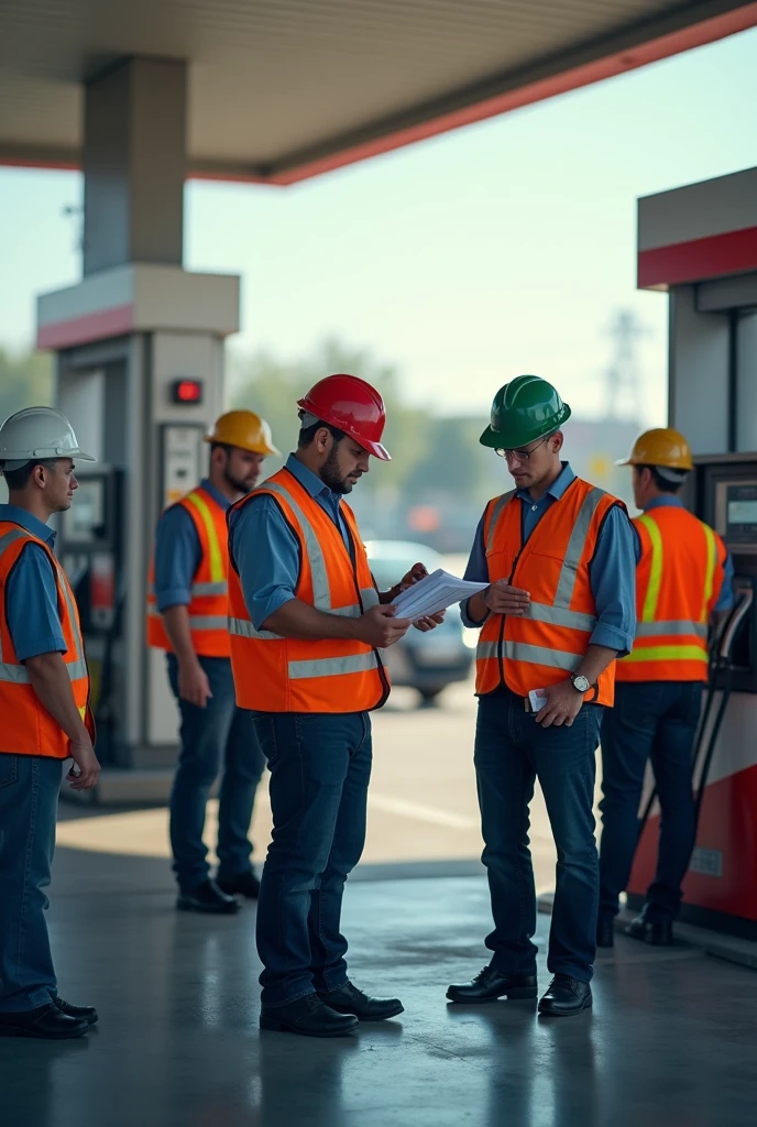 A group of inspectors conducting a review at a service station. One of them is reviewing documents while others are inspecting equipment.. His clothing with a vest and safety helmet. The background shows the gas station in perfect condition, with visible elements related to Annexes 30 and 31, such as reports and measurement systems.