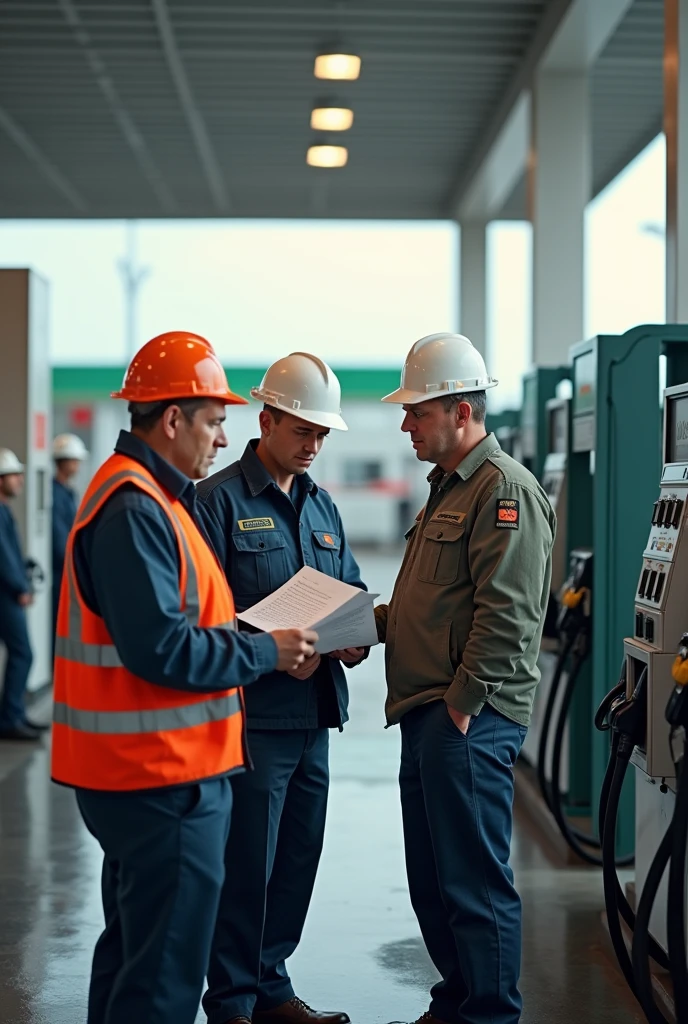 A group of inspectors conducting a review at a service station. One of them is reviewing documents while others are inspecting equipment.. His clothing with a vest and safety helmet. The background shows the gas station in perfect condition, with visible elements related to Annexes 30 and 31, such as reports and measurement systems.