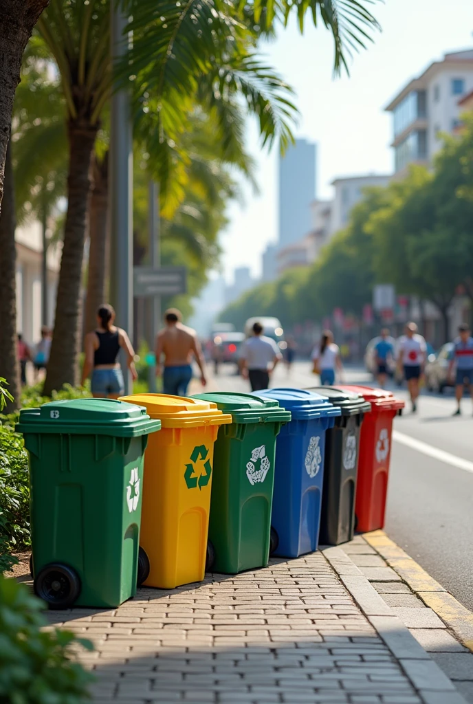 generate an image of 5 recyclable trash cans lined up on a city sidewalk in brazil