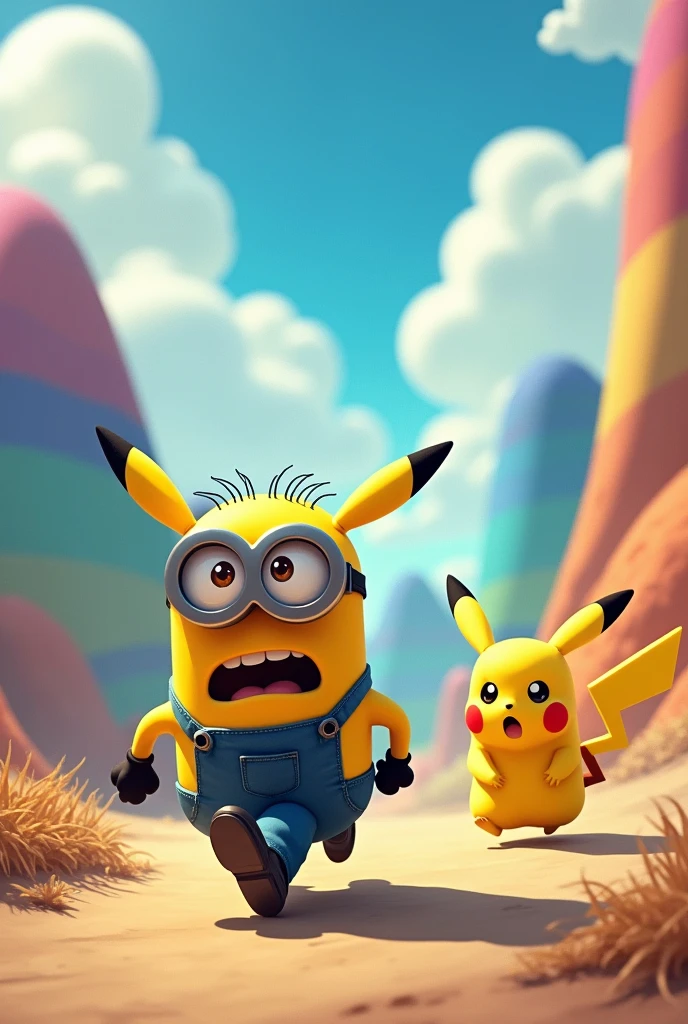 Minion running from pikachu