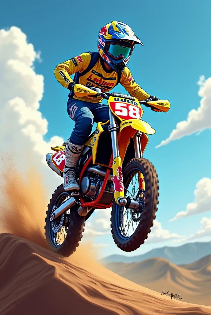 Yellow Suzuki Rmz450 Supercross Cartoon, jumping ,Alpinestars jersey number 58 ,redbull helmet blue color /gray ,plate name lucho Number 58,