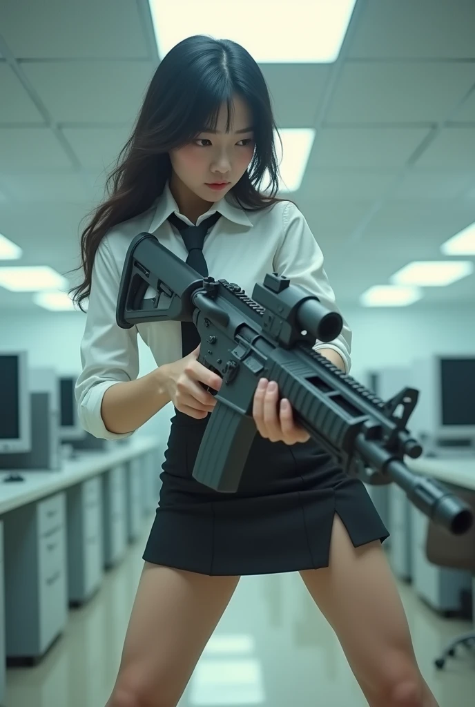 beautiful chinese office lady mini skirt white shirt realistic long machine gun toting real person legs spread apart standing rampage shooting side target facing