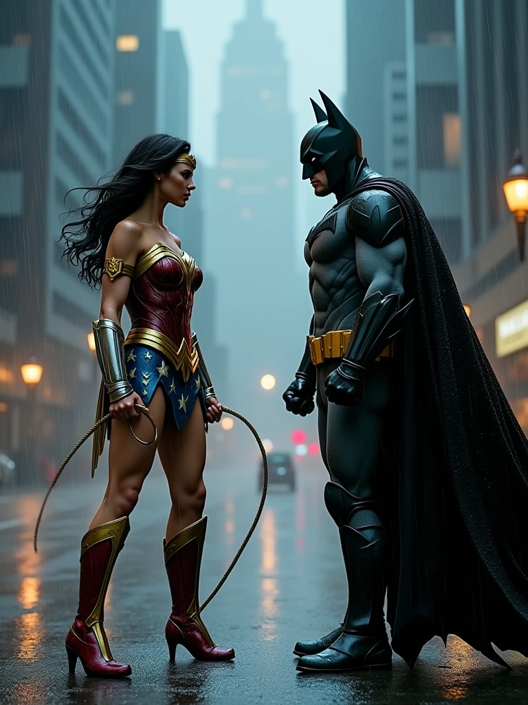 a cinematic full body shot of wonder woman and batman in an epic fight in a heavy rainy gotham city night, raindrops and puddles, rain of battle of heroes, high detailed hero outfits, wet hair and skin, ultra realistic, 4k, vfx effects, cinematic scene, 16:9 aspect ratio, dramatic lighting, dramatic camera angle, dramatic composition, dramatic atmosphere, dramatic action, dramatic expression, dramatic weather, dramatic environment, dramatic storytelling, dramatic effects, masterpiece, (best quality,4k,8k,highres,masterpiece:1.2),ultra-detailed,(realistic,photorealistic,photo-realistic:1.37),HDR,UHD,studio lighting,ultra-fine painting,sharp focus