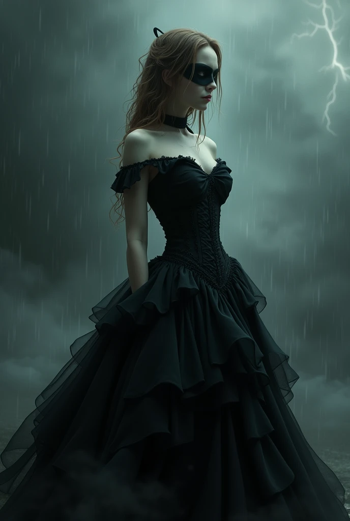 A female pale skin with brown hair reaching her shoulder blades with curtain bangs wearing a tall black large train layer dress and a tight corset and black ribbon over her eyes surrounded by a scene of thunder and rain and black clouds and a bloody environment as she danced around 