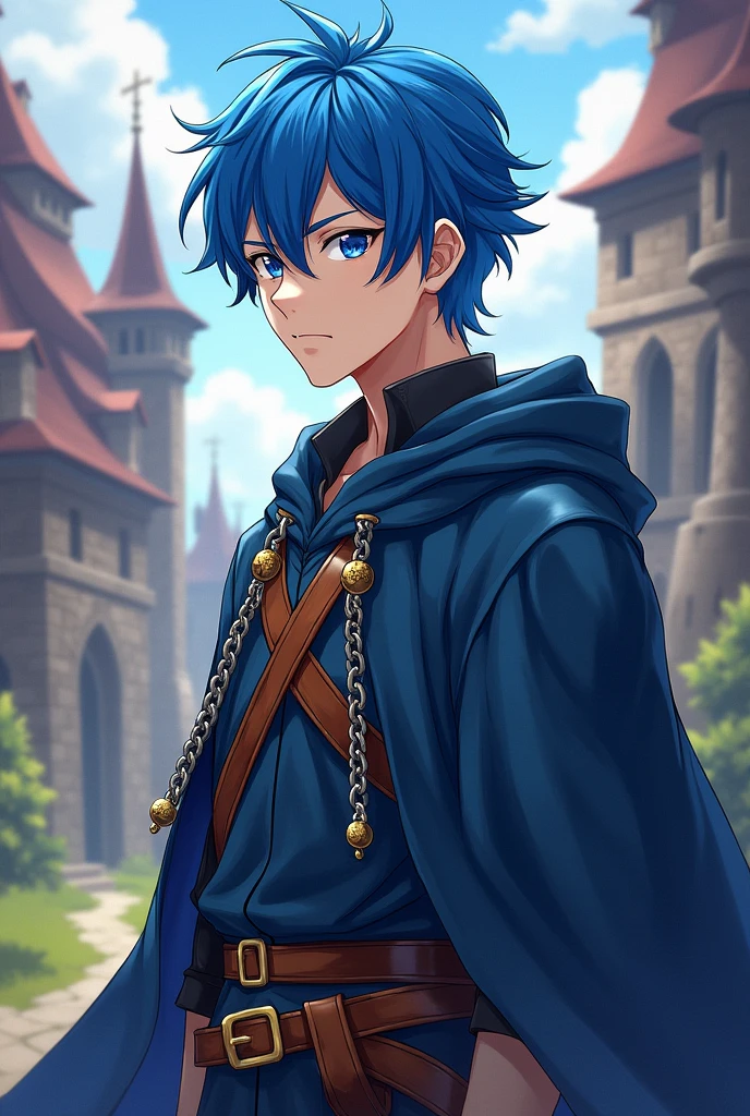 A young man with blue hair, anime styling, medieval clothes.