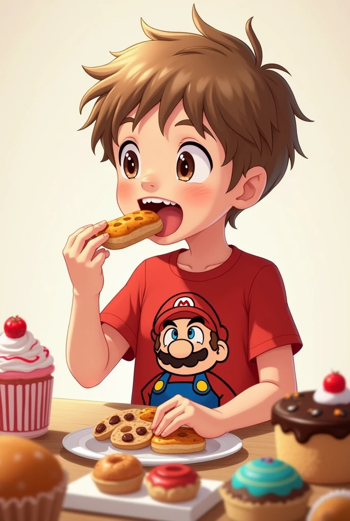 create a playful  boy with a red shirt with mario bros face print , super short light brown hair and fair skin, lightbrown eyes, fine nose, no freckles,thin body eating lots of sweets and treats