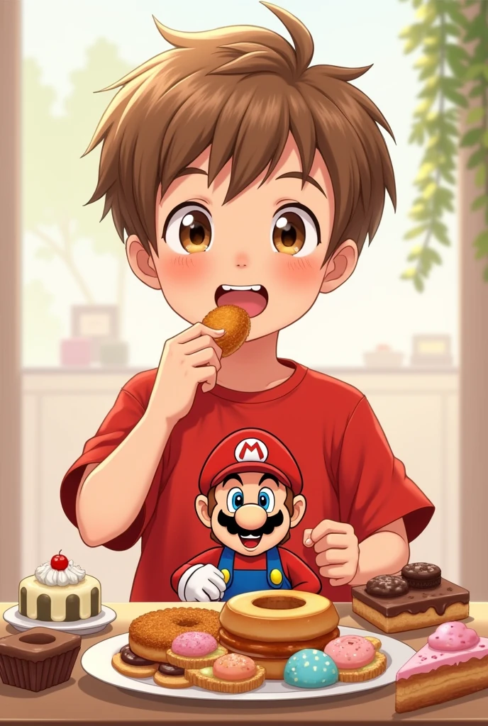 create a playful boy with a red shirt with mario bros face print , super short light brown hair and fair skin, lightbrown eyes, fine nose, no freckles,thin body eating lots of sweets and treats