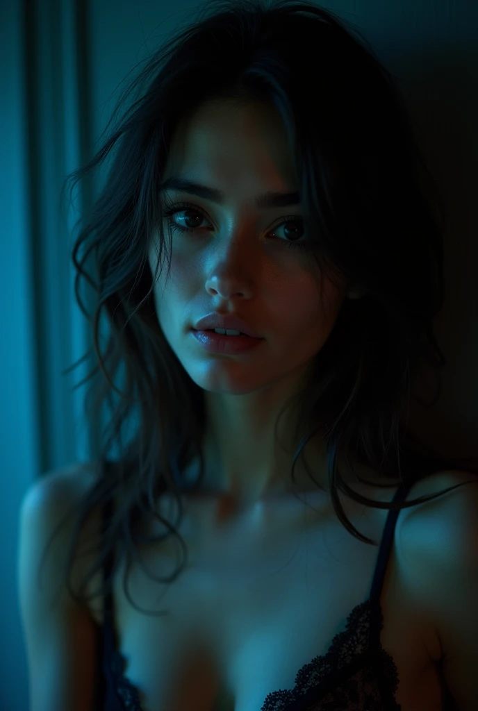 highest quality, epic realistic, ((in the pitch black darkness :1.4)), ((portrait:1.5)),(background: dark ) high contrast ,glorious picture, lowest lux, lighting face, she's comfortable, wearing lingerie, looks incredible, (8k, Raw photo, Highest quality),(epic realistic:1.5), a woman, face,(detailed eyes:0.8),(looking at the camera:1.4), (Highest quality), ( high contrast, deep shadows),Intricate details,cinematic,((skin:1.4)), (long dark hair:1.3), long hair, messy ,(Hdr:1.5),Detailed, colors, Superior quality, Masterpiece, Raw Photo (20-year-old, looking at viewer), beautiful, (wearing underwear,), perfect, natural, perfect composition, portrait, perfect face, smiling expression, Captivating eyes, Bright details, Tight lips, (High Skin Detail),, (blue tint: 0.6), (sale: 0.8), (bloody: 0.7), Key lighting , (backlight: 0.5), Medium depth of field, Canon 5d, 50mm lens, f/4 apertures, (Ultra-detailed, Complex detail), sharp focus, soft colors, 8k, Absurd, 80mm, dark background, photography, smiling, medium ,
