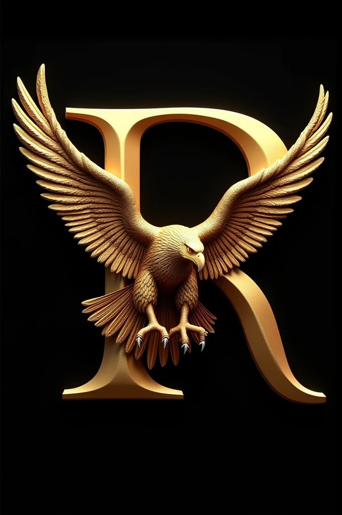 Letter R in gold , intertwined with a realistic eagle all this on a black background