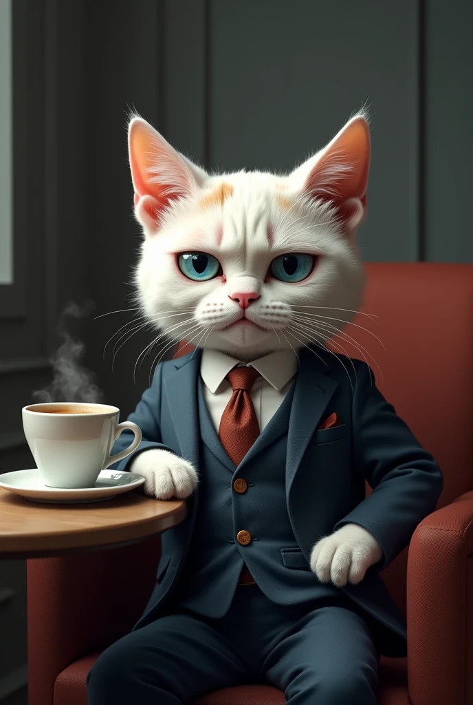 a white Grumpy Cat with small light brown spots, blue eyes, who is sitting in a smart suit, drinking black coffee, specifically an espresso. sitting in a chair, having a table next to it, with a cup of coffee in hand. The background is dark grey, but highlighted the depth.