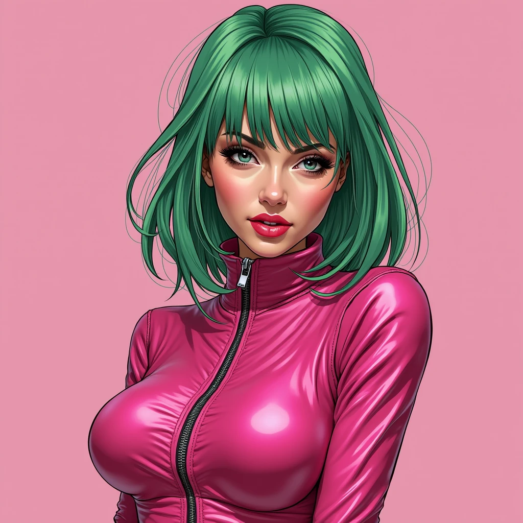 Beautiful green haired woman, tight and shiny pink outfit, high collar, zipper, soulful look, Vector art,Layered textures,progressive,pop,sf,cyber punk,Super sexy:2.0 