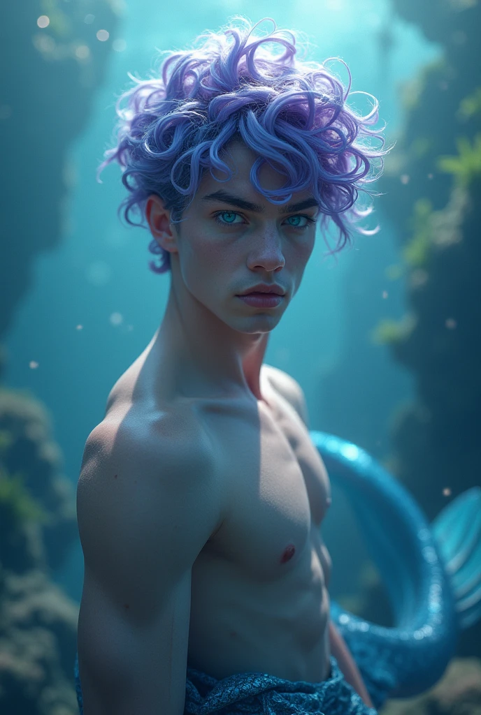 A merman with purple hair, blue eyes, white skin, elegant, slightly curly hair, blue tail